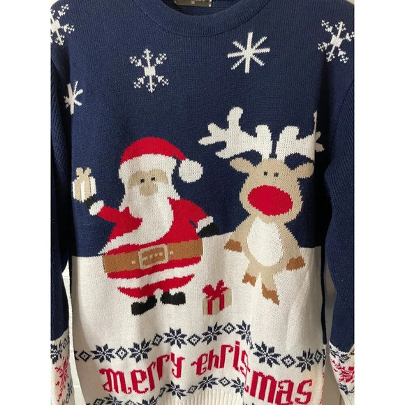 N.C. Collection Ugly Merry Christmas Holiday Sweater Santa Reindeer Medium Knit - Picture 3 of 8